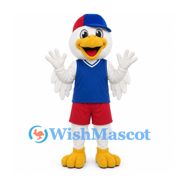 Eagle Mascot Costume in White with Blue Vest and Red Shorts