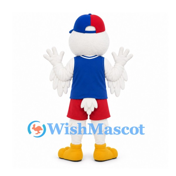 Eagle Mascot Costume in White with Blue Vest and Red Shorts