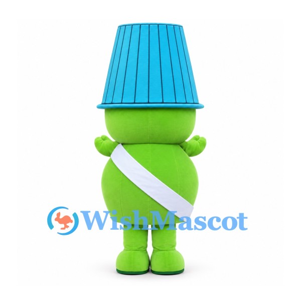 Green Character Mascot Costume with Tall Blue Bucket Hat and White Sash