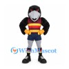 Black Bird Mascot Costume with Burgundy and Gold Striped Sports Vest