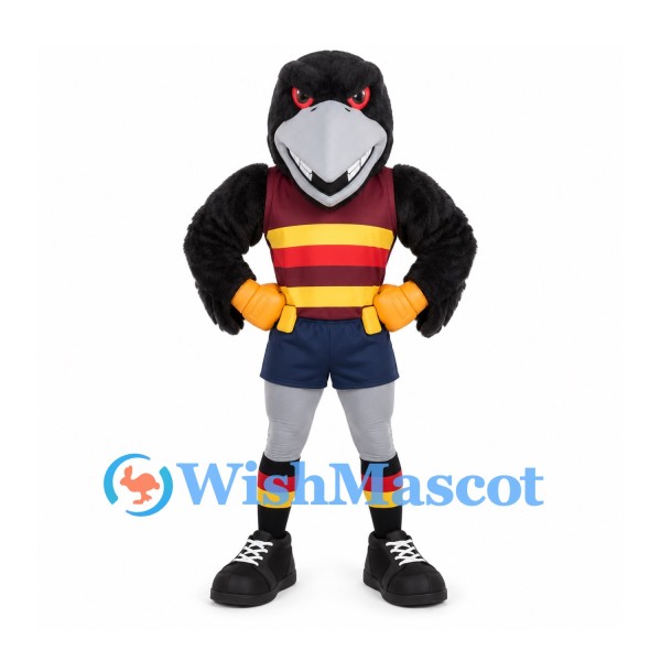 Black Bird Mascot Costume with Burgundy and Gold Striped Sports Vest