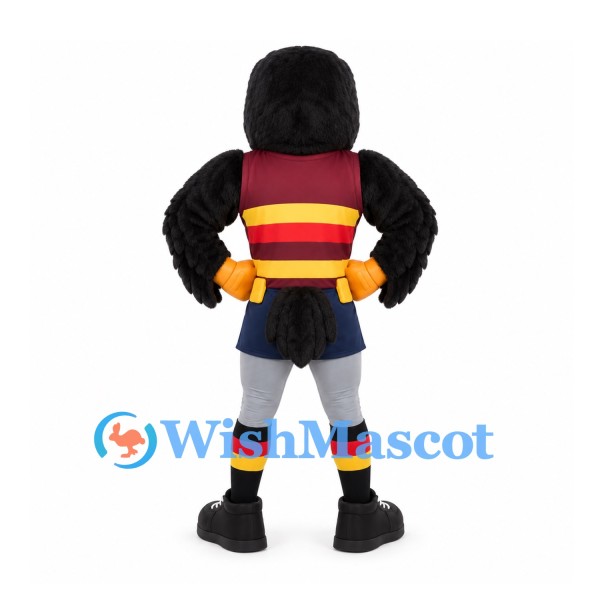 Black Bird Mascot Costume with Burgundy and Gold Striped Sports Vest