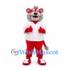 Lion Mascot Costume in Red with Gray Mane and Striped Baseball Shirt