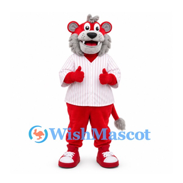 Lion Mascot Costume in Red with Gray Mane and Striped Baseball Shirt