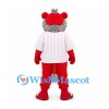 Lion Mascot Costume in Red with Gray Mane and Striped Baseball Shirt