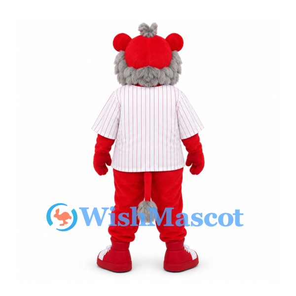 Lion Mascot Costume in Red with Gray Mane and Striped Baseball Shirt