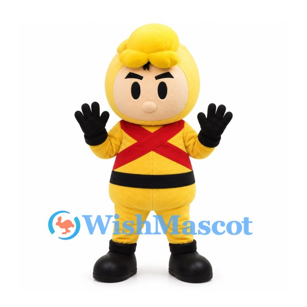 Fruit Hero Mascot Costume in Yellow with Red Crossed Chest Bands