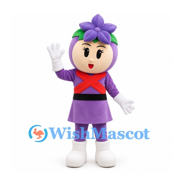 Flower Hero Mascot Costume in Purple with Red Crossed Chest Bands