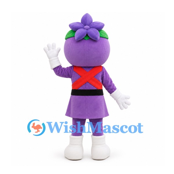 Flower Hero Mascot Costume in Purple with Red Crossed Chest Bands