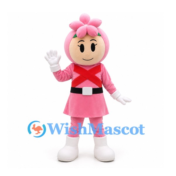 Flower Hero Mascot Costume in Pink with Red Crossed Chest Bands
