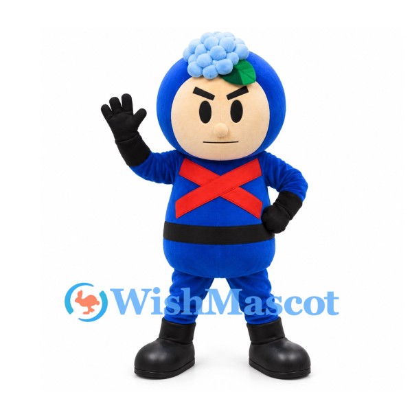 Flower Hero Mascot Costume in Blue with Red Crossed Chest Bands