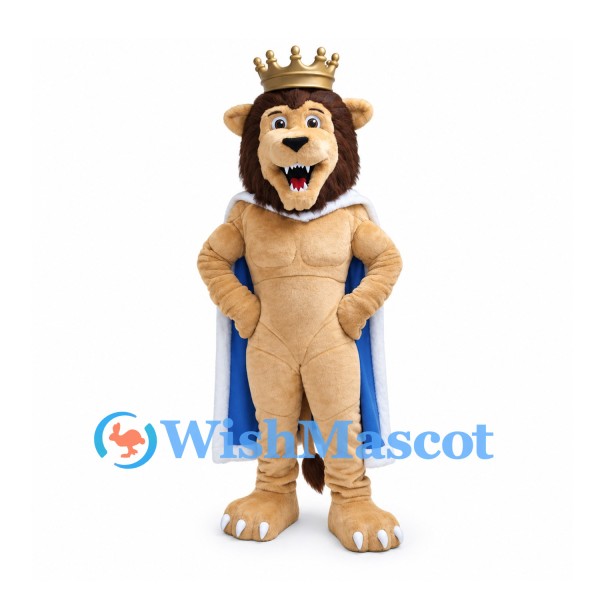 Lion King Mascot Costume with Gold Crown and Blue Cape