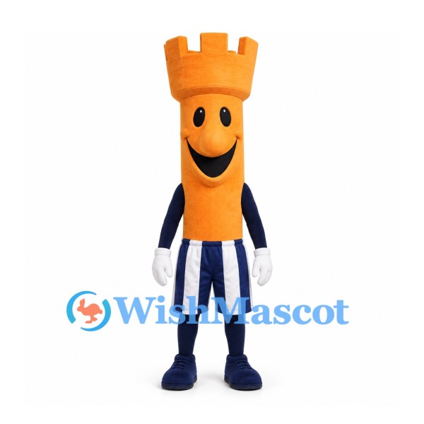 Castle Tower Mascot Costume in Orange with Navy Striped Shorts