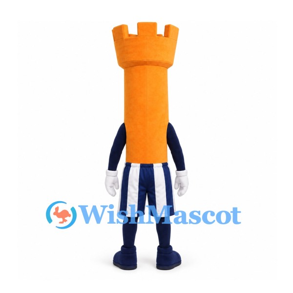 Castle Tower Mascot Costume in Orange with Navy Striped Shorts