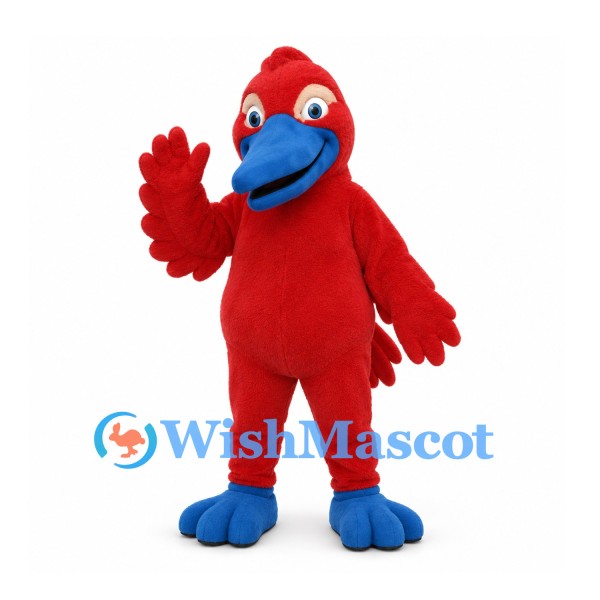 Red Bird Mascot Costume with Blue Beak and Blue Feet