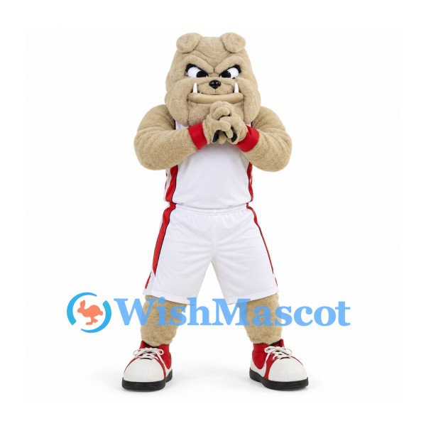 Bulldog Mascot Costume in Beige with White Basketball Uniform