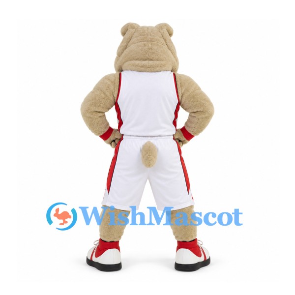 Bulldog Mascot Costume in Beige with White Basketball Uniform