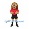 Lion Mascot Costume with Red Shirt and Black Soccer Shorts