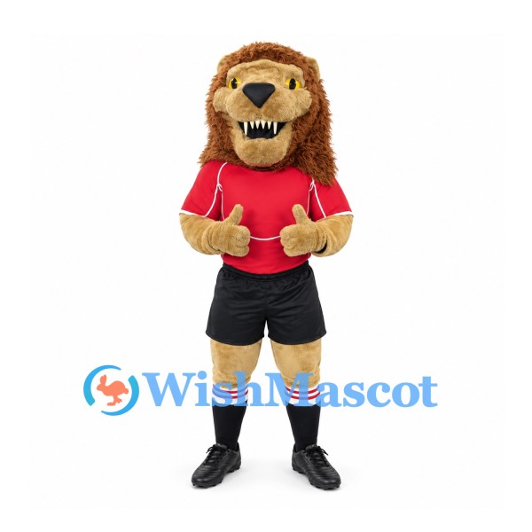 Lion Mascot Costume with Red Shirt and Black Soccer Shorts