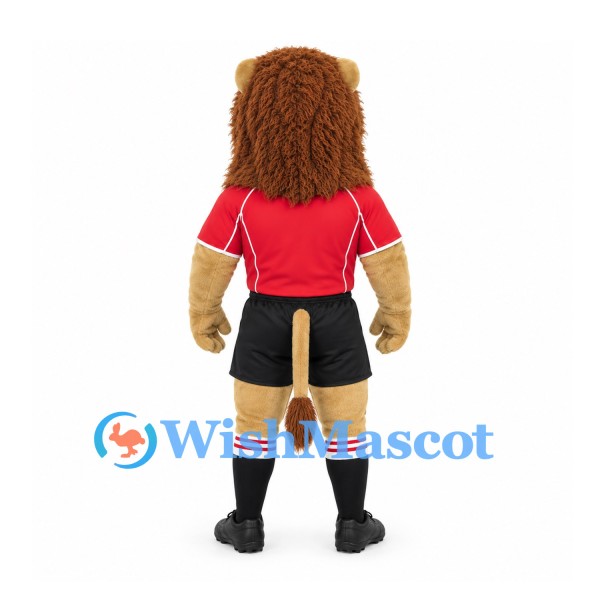 Lion Mascot Costume with Red Shirt and Black Soccer Shorts