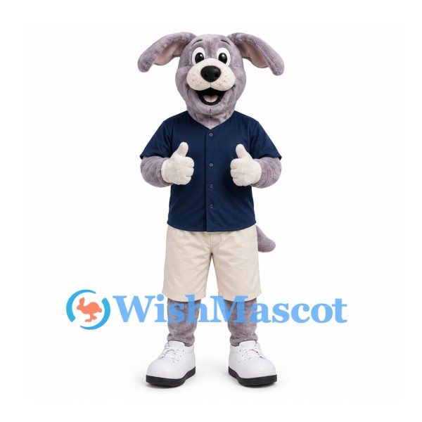 Dog Mascot Costume in Gray with Navy Shirt and Beige Shorts