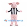 Pig Mascot Costume in Pink with Black and White Striped Shirt