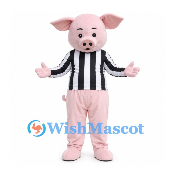 Pig Mascot Costume in Pink with Black and White Striped Shirt