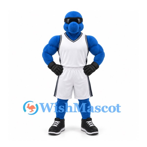 Blue Bird Mascot Costume with Black Visor and White Basketball Uniform