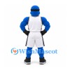 Blue Bird Mascot Costume with Black Visor and White Basketball Uniform