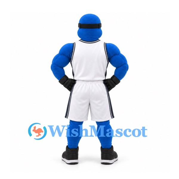 Blue Bird Mascot Costume with Black Visor and White Basketball Uniform