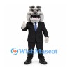 Bulldog Mascot Costume in Gray with Black Business Suit and Blue Tie