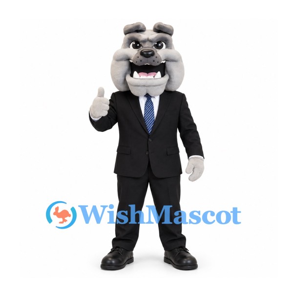 Bulldog Mascot Costume in Gray with Black Business Suit and Blue Tie