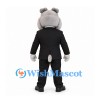 Bulldog Mascot Costume in Gray with Black Business Suit and Blue Tie