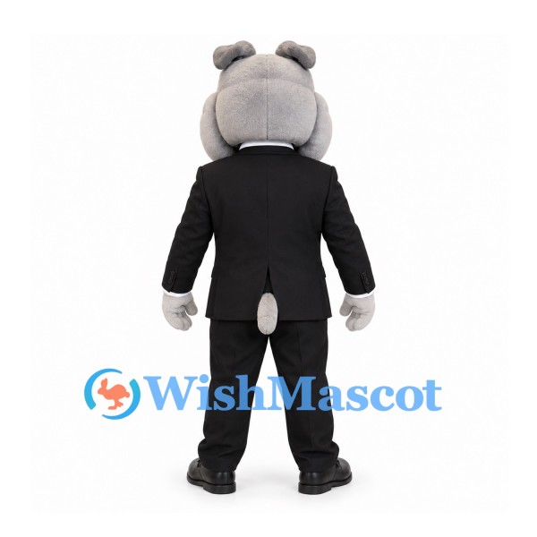 Bulldog Mascot Costume in Gray with Black Business Suit and Blue Tie