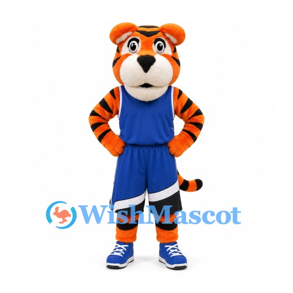 Tiger Mascot Costume with Blue Basketball Uniform