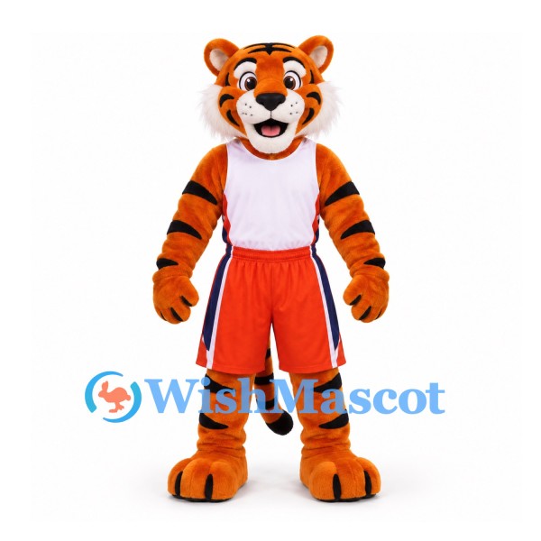 Tiger Mascot Costume with White Vest and Orange Basketball Shorts
