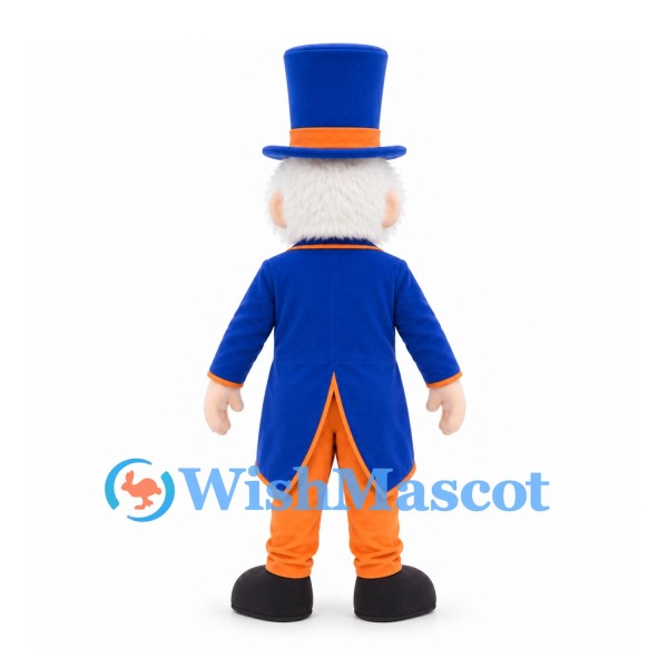 Gentleman Mascot Costume with Blue Top Hat and Orange Waistcoat