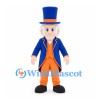 Gentleman Mascot Costume with Blue Top Hat and Orange Waistcoat