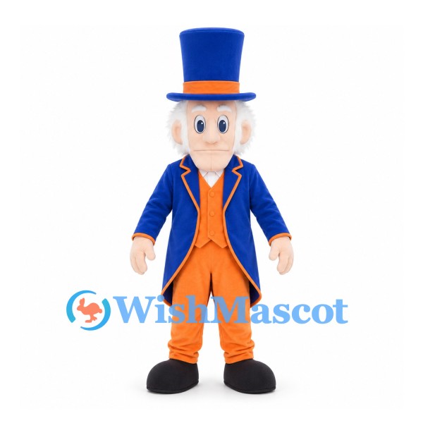 Gentleman Mascot Costume with Blue Top Hat and Orange Waistcoat