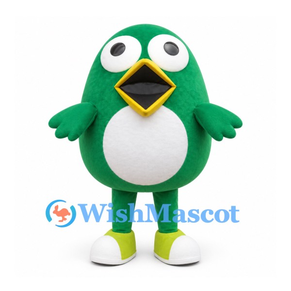 Round Green Bird Mascot Costume with White Belly and Yellow Beak