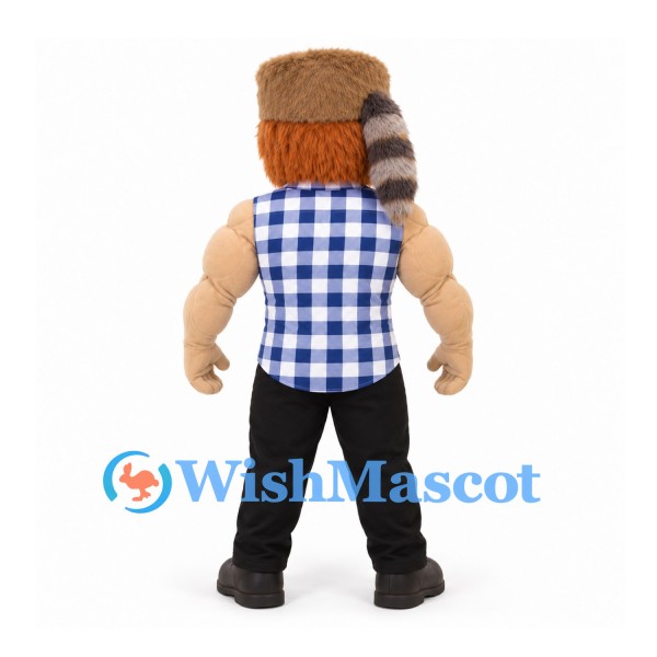 Lumberjack Mascot Costume with Fur Hat and Blue Checkered Shirt