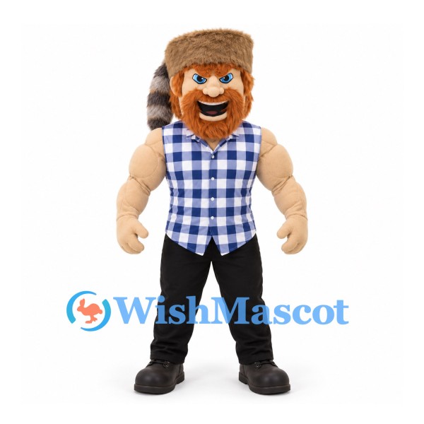 Lumberjack Mascot Costume with Fur Hat and Blue Checkered Shirt