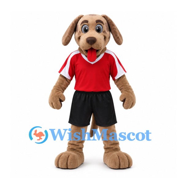 Dog Mascot Costume in Tan with Red Shirt and Black Shorts