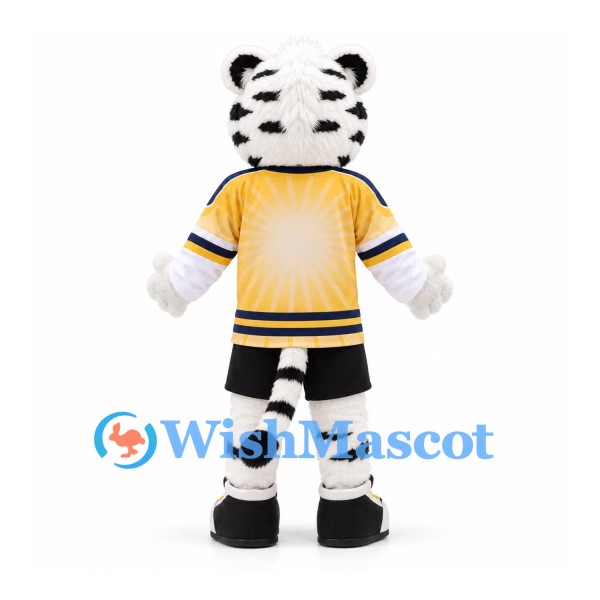 White Tiger Mascot Costume with Yellow Sports Shirt and Black Shorts