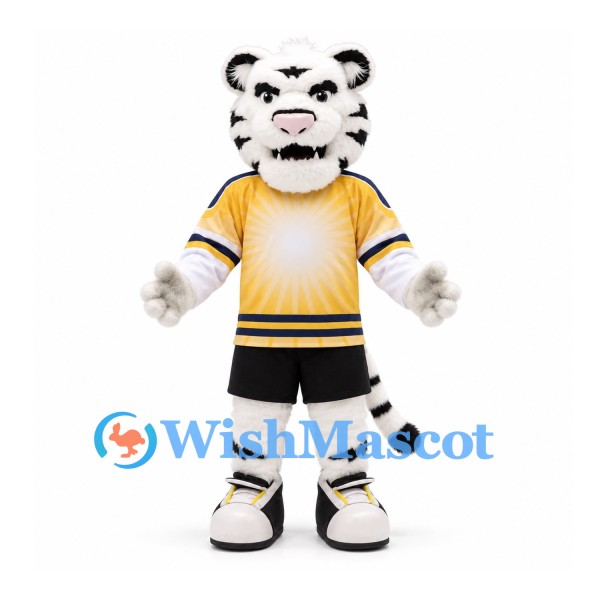 White Tiger Mascot Costume with Yellow Sports Shirt and Black Shorts