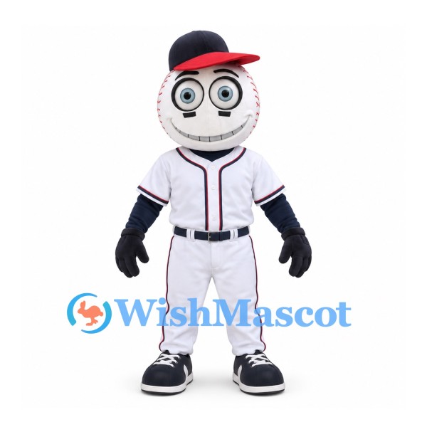 Baseball Mascot Costume with Navy Cap and White Pinstriped Uniform