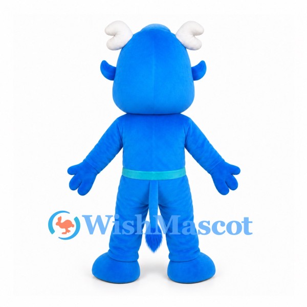 Blue Dragon Mascot Costume with White Horns and Turquoise Belt