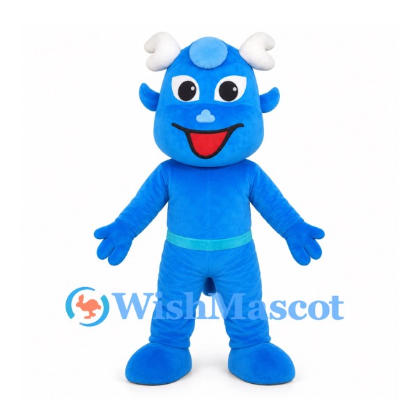 Blue Dragon Mascot Costume with White Horns and Turquoise Belt