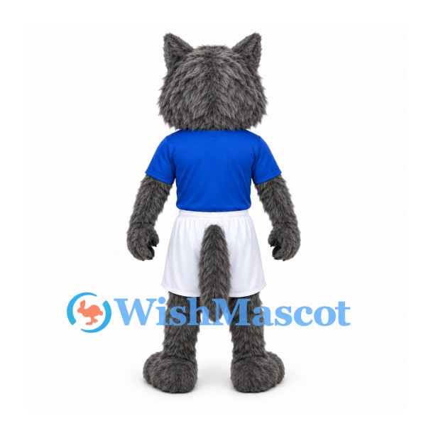 Wolf Mascot Costume in Gray with Blue Shirt and White Shorts