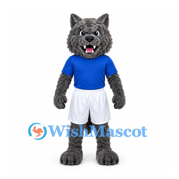 Wolf Mascot Costume in Gray with Blue Shirt and White Shorts